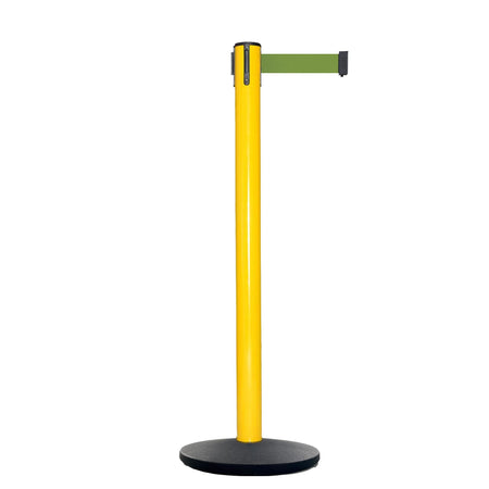 Retractable Belt Barrier Stanchion, Yellow Post, Cast Iron Base, 10.5 Ft. Belt - Montour Line MI630 - Crowd Control Warehouse