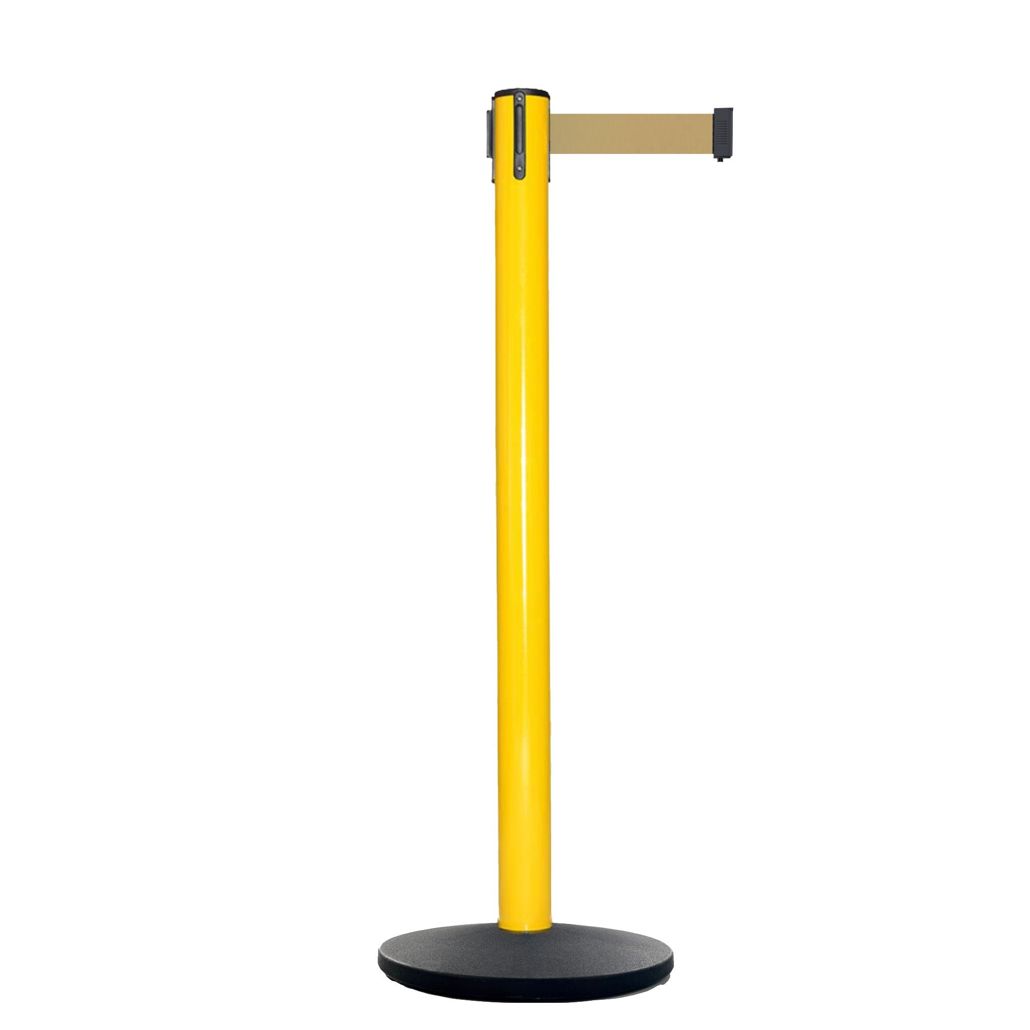 Retractable Belt Barrier Stanchion, Yellow Post, Cast Iron Base, 11 Ft. Belt - Montour Line MSI630 - Crowd Control Warehouse