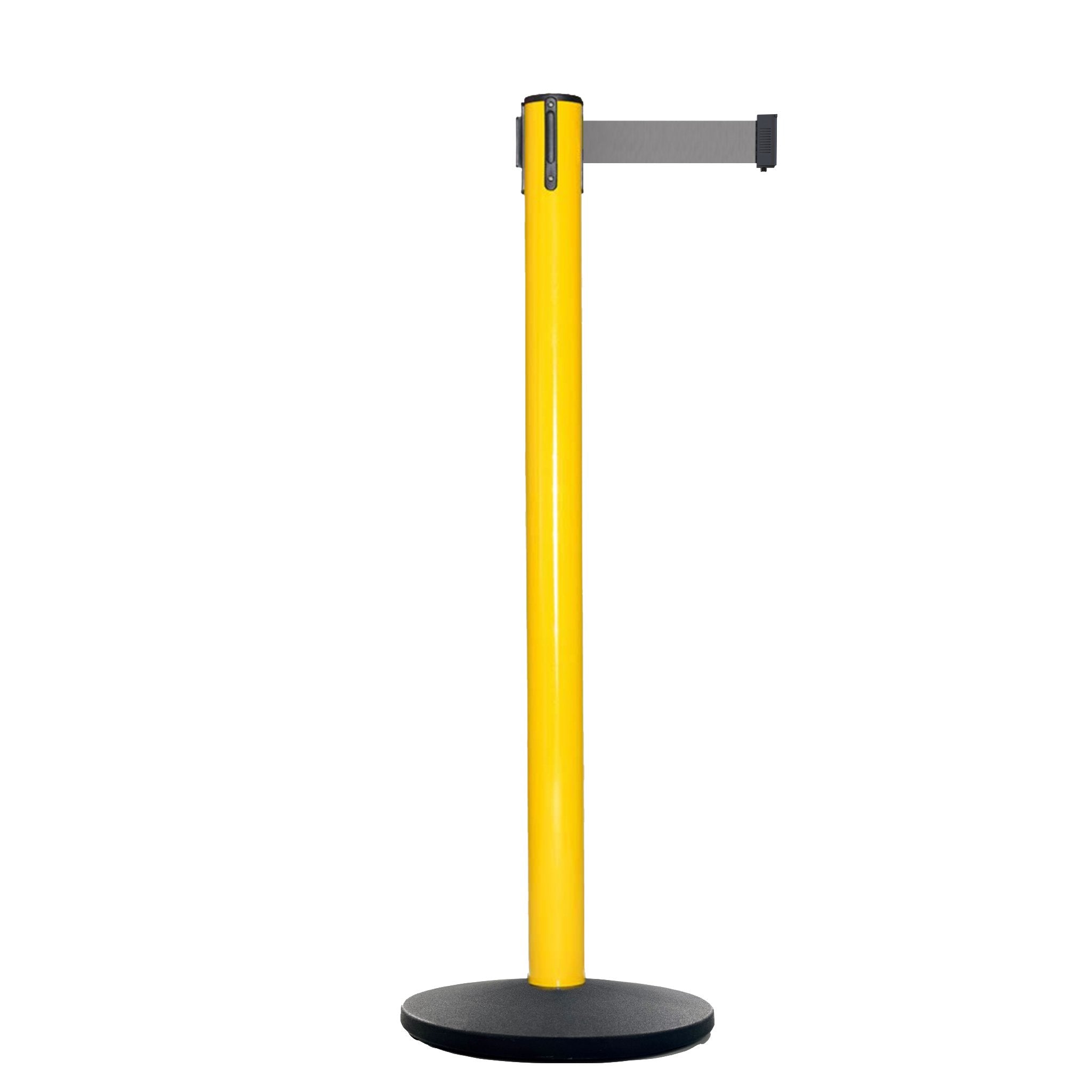 Retractable Belt Barrier Stanchion, Yellow Post, Cast Iron Base, 11 Ft. Belt - Montour Line MSI630 - Crowd Control Warehouse