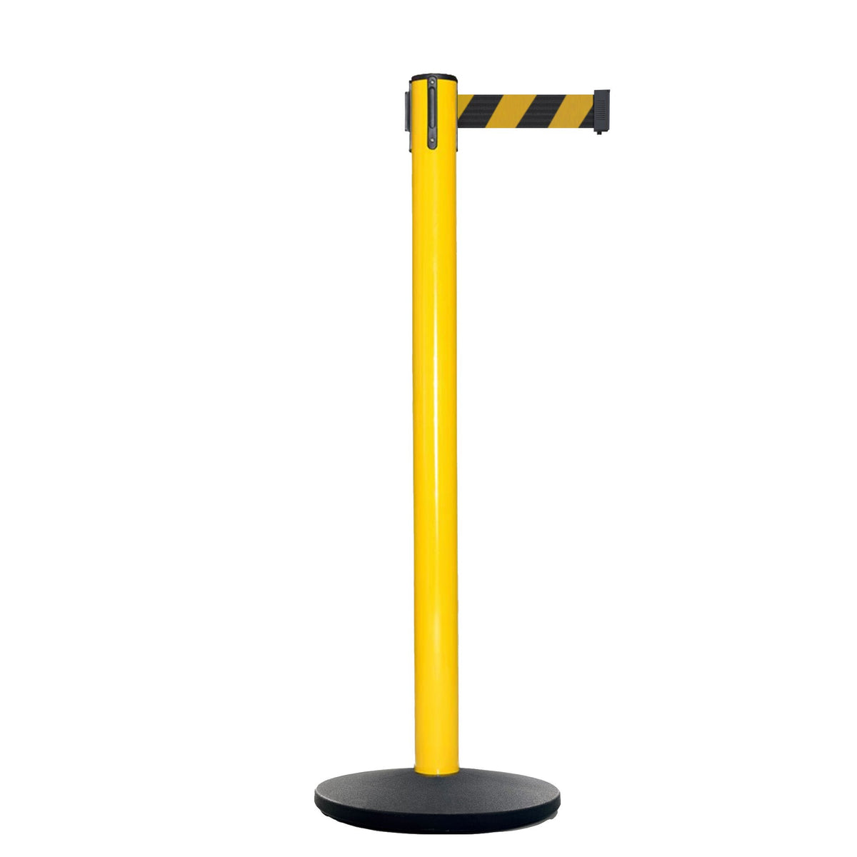 Retractable Belt Barrier Stanchion, Yellow Post, Cast Iron Base, 11 Ft. Belt - Montour Line MSI630 - Crowd Control Warehouse