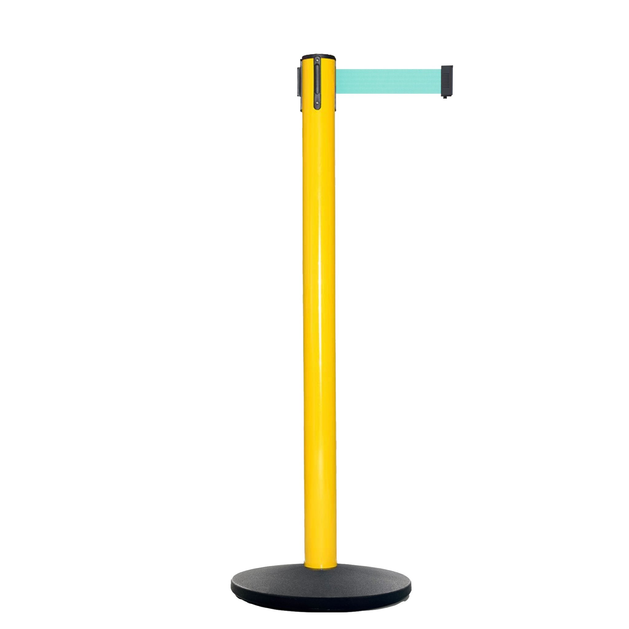Retractable Belt Barrier Stanchion, Yellow Post, Cast Iron Base, 11 Ft. Belt - Montour Line MSI630 - Crowd Control Warehouse