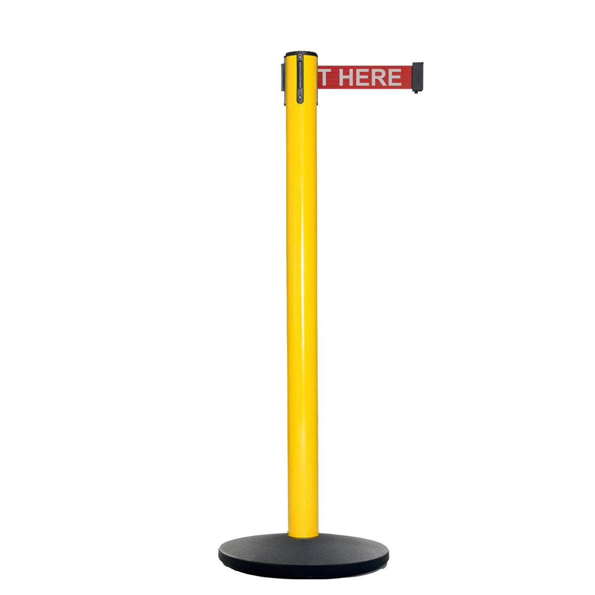Retractable Belt Barrier Stanchion, Yellow Post, Cast Iron Base, 11 Ft. Belt - Montour Line MSI630 - Crowd Control Warehouse