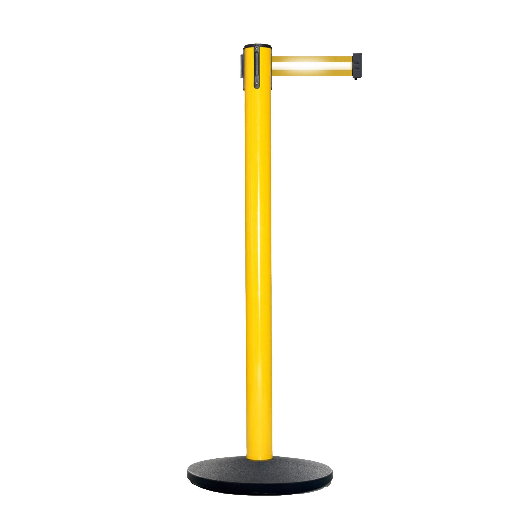 Retractable Belt Barrier Stanchion, Yellow Post, Cast Iron Base, 11 Ft. Belt - Montour Line MSI630 - Crowd Control Warehouse