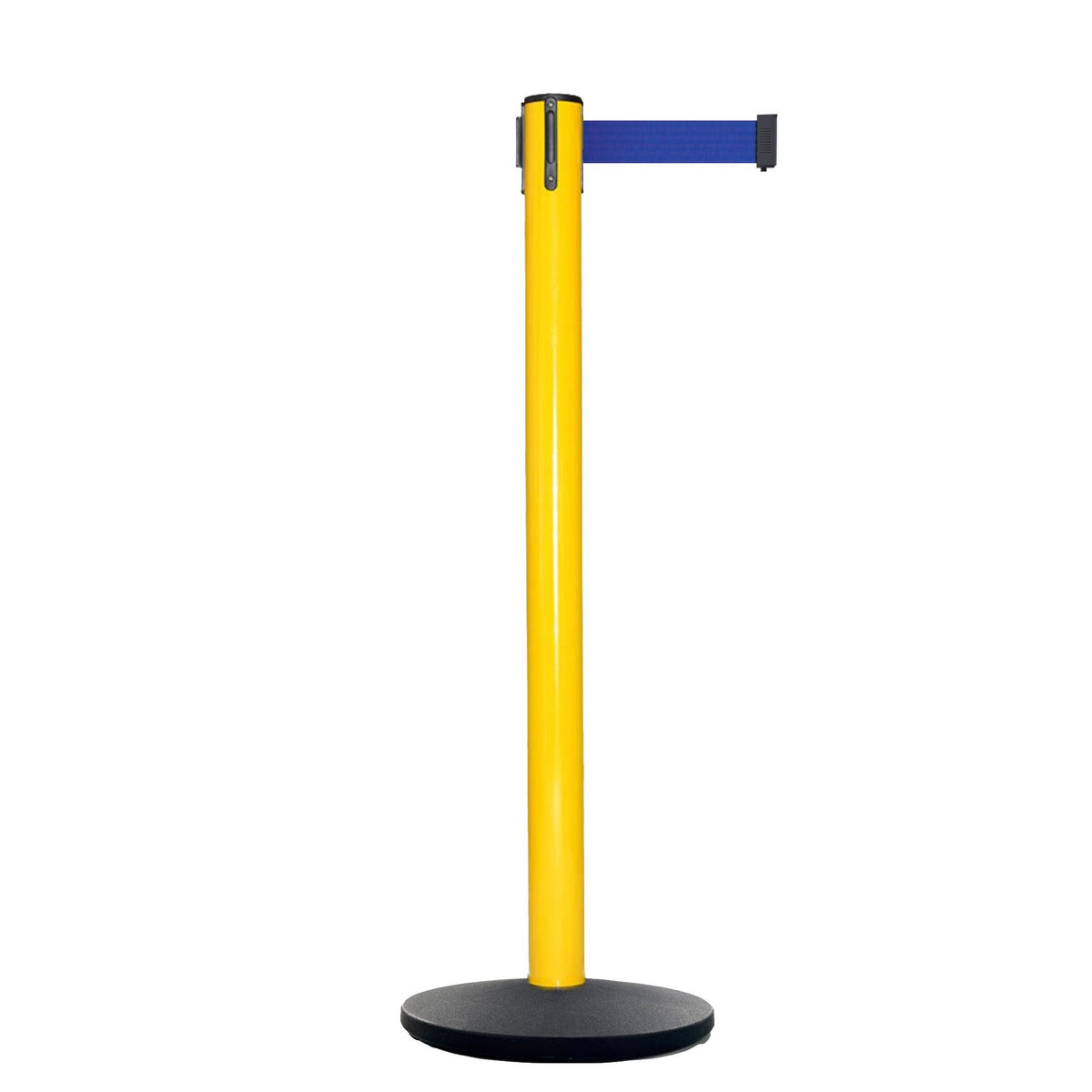 Retractable Belt Barrier Stanchion, Yellow Post, Cast Iron Base, 11 Ft. Belt - Montour Line MSI630 - Crowd Control Warehouse
