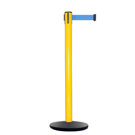 Retractable Belt Barrier Stanchion, Yellow Post, Cast Iron Base, 13 Ft. Belt - Montour Line MSI630 - Crowd Control Warehouse