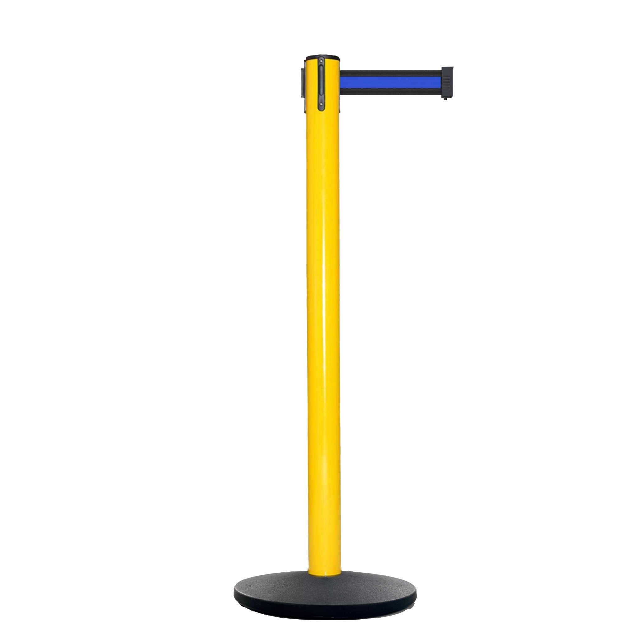 Retractable Belt Barrier Stanchion, Yellow Post, Cast Iron Base, 13 Ft. Belt - Montour Line MSI630 - Crowd Control Warehouse