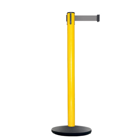 Retractable Belt Barrier Stanchion, Yellow Post, Cast Iron Base, 13 Ft. Belt - Montour Line MSI630 - Crowd Control Warehouse