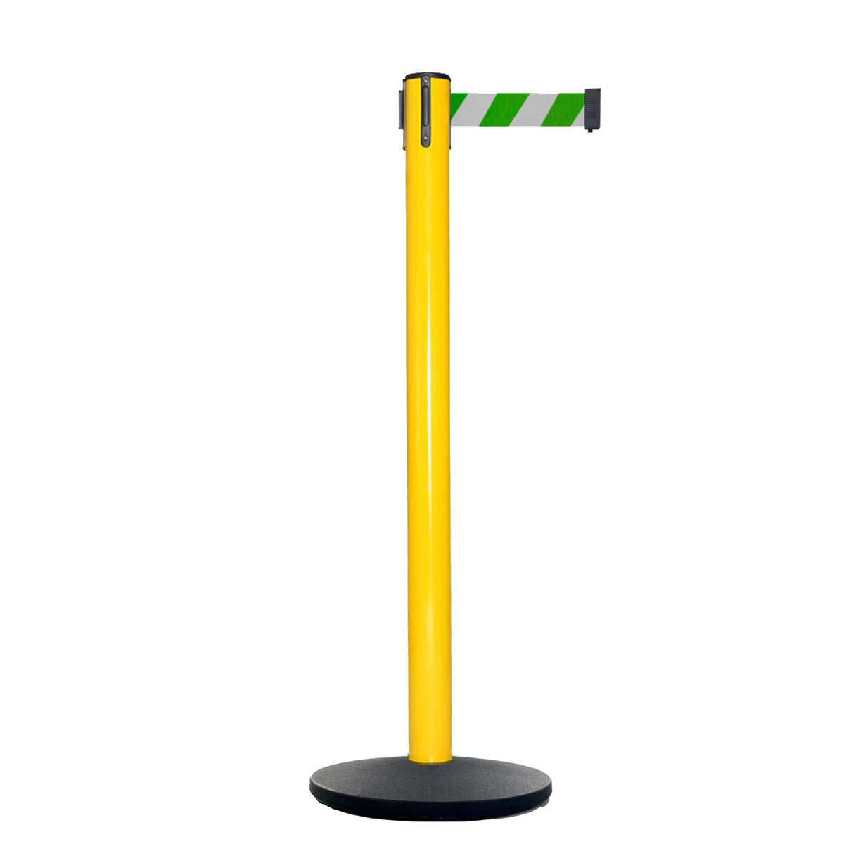 Retractable Belt Barrier Stanchion, Yellow Post, Cast Iron Base, 13 Ft. Belt - Montour Line MSI630 - Crowd Control Warehouse