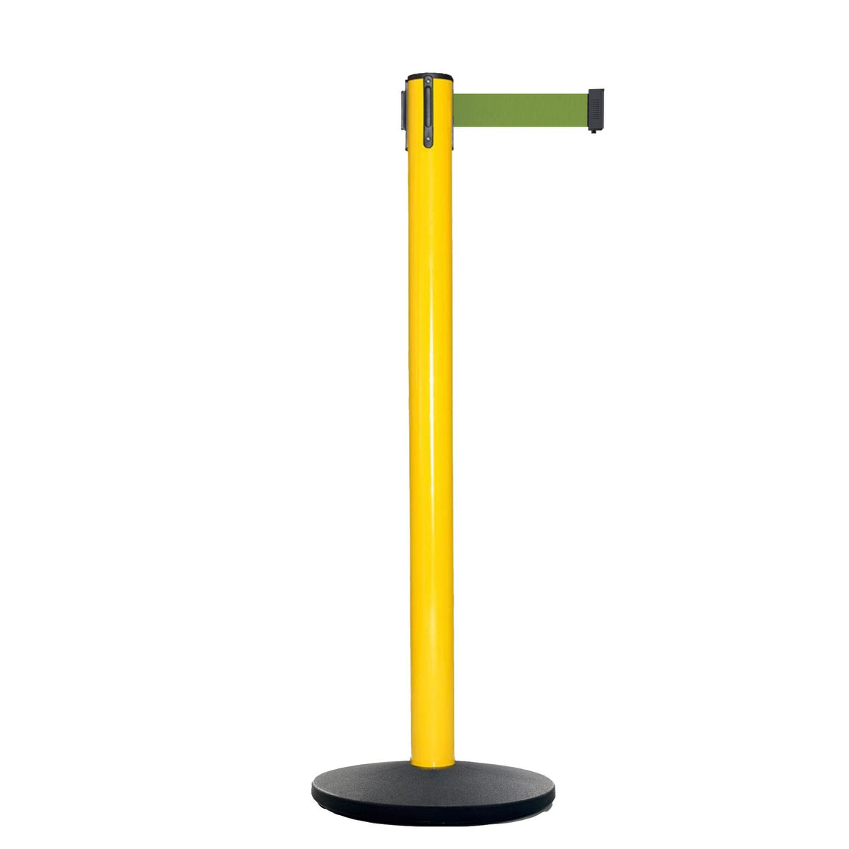 Retractable Belt Barrier Stanchion, Yellow Post, Cast Iron Base, 13 Ft. Belt - Montour Line MSI630 - Crowd Control Warehouse