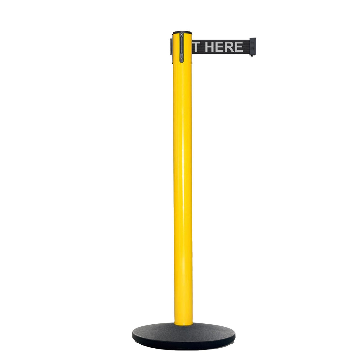 Retractable Belt Barrier Stanchion, Yellow Post, Cast Iron Base, 13 Ft. Belt - Montour Line MSI630 - Crowd Control Warehouse