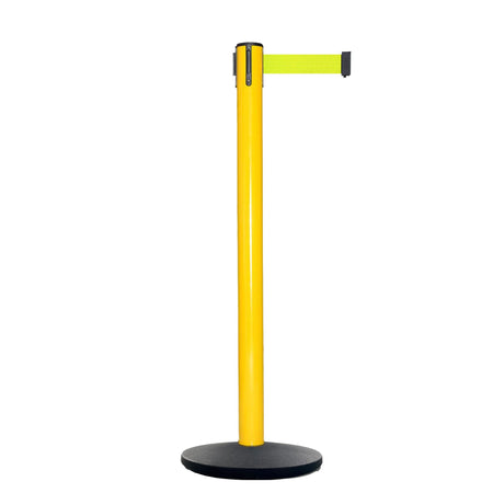 Retractable Belt Barrier Stanchion, Yellow Post, Cast Iron Base, 7.5 Ft. Belt - Montour Line MI630 - Crowd Control Warehouse