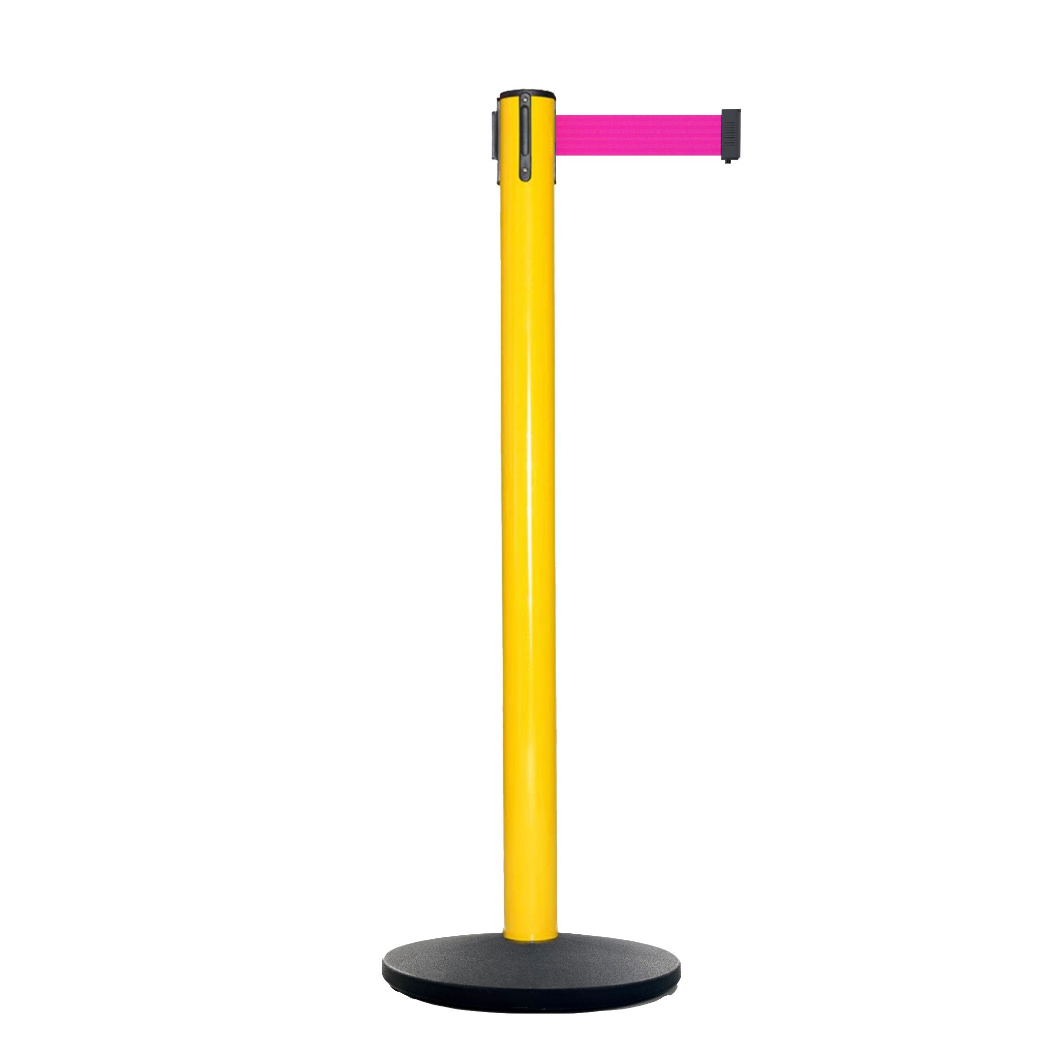 Retractable Belt Barrier Stanchion, Yellow Post, Cast Iron Base, 7.5 Ft. Belt - Montour Line MI630 - Crowd Control Warehouse