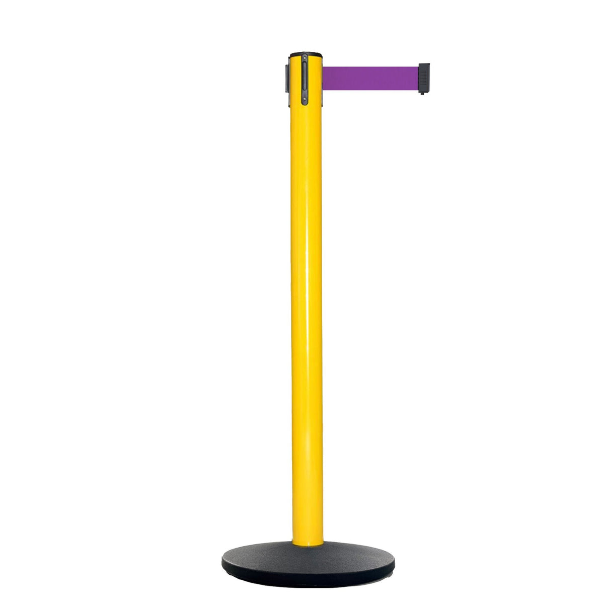 Retractable Belt Barrier Stanchion, Yellow Post, Cast Iron Base, 7.5 Ft. Belt - Montour Line MI630 - Crowd Control Warehouse