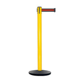 Retractable Belt Barrier Stanchion, Yellow Post, Cast Iron Base, 7.5 Ft. Belt - Montour Line MI630 - Crowd Control Warehouse