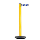 Retractable Belt Barrier Stanchion, Yellow Post, Cast Iron Base, 7.5 Ft. Belt - Montour Line MI630 - Crowd Control Warehouse
