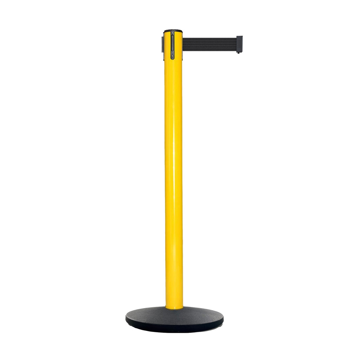 Retractable Belt Barrier Stanchion, Yellow Post, Cast Iron Base, 7.5 Ft. Belt - Montour Line MI630 - Crowd Control Warehouse