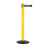 Retractable Belt Barrier Stanchion, Yellow Post, Cast Iron Base, 7.5 Ft. Belt - Montour Line MI630 - Crowd Control Warehouse