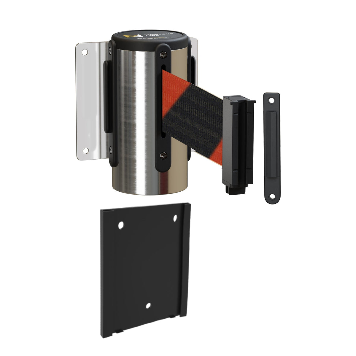 Retractable Belt Barrier Wall Mount with Removable Plate, Polished Stainless Steel Metal Case with Standard Belt End, 13 ft Belt - Montour Line WM115 - Crowd Control Warehouse