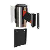 Retractable Belt Barrier Wall Mount with Removable Plate, Polished Stainless Steel Metal Case with Standard Belt End, 13 ft Belt - Montour Line WM115 - Crowd Control Warehouse