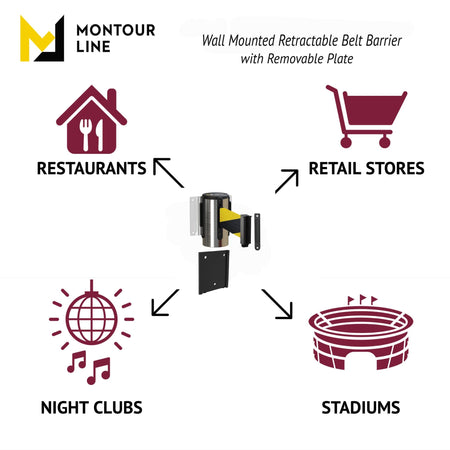 Retractable Belt Barrier Wall Mount with Removable Plate, Polished Stainless Steel Metal Case with Standard Belt End, 13 ft Belt - Montour Line WM115 - Crowd Control Warehouse