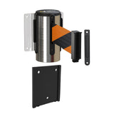 Retractable Belt Barrier Wall Mount with Removable Plate, Polished Stainless Steel Metal Case with Standard Belt End, 13 ft Belt - Montour Line WM115 - Crowd Control Warehouse