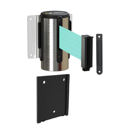 Retractable Belt Barrier Wall Mount with Removable Plate, Polished Stainless Steel Metal Case with Standard Belt End, 13 ft Belt - Montour Line WM115 - Crowd Control Warehouse