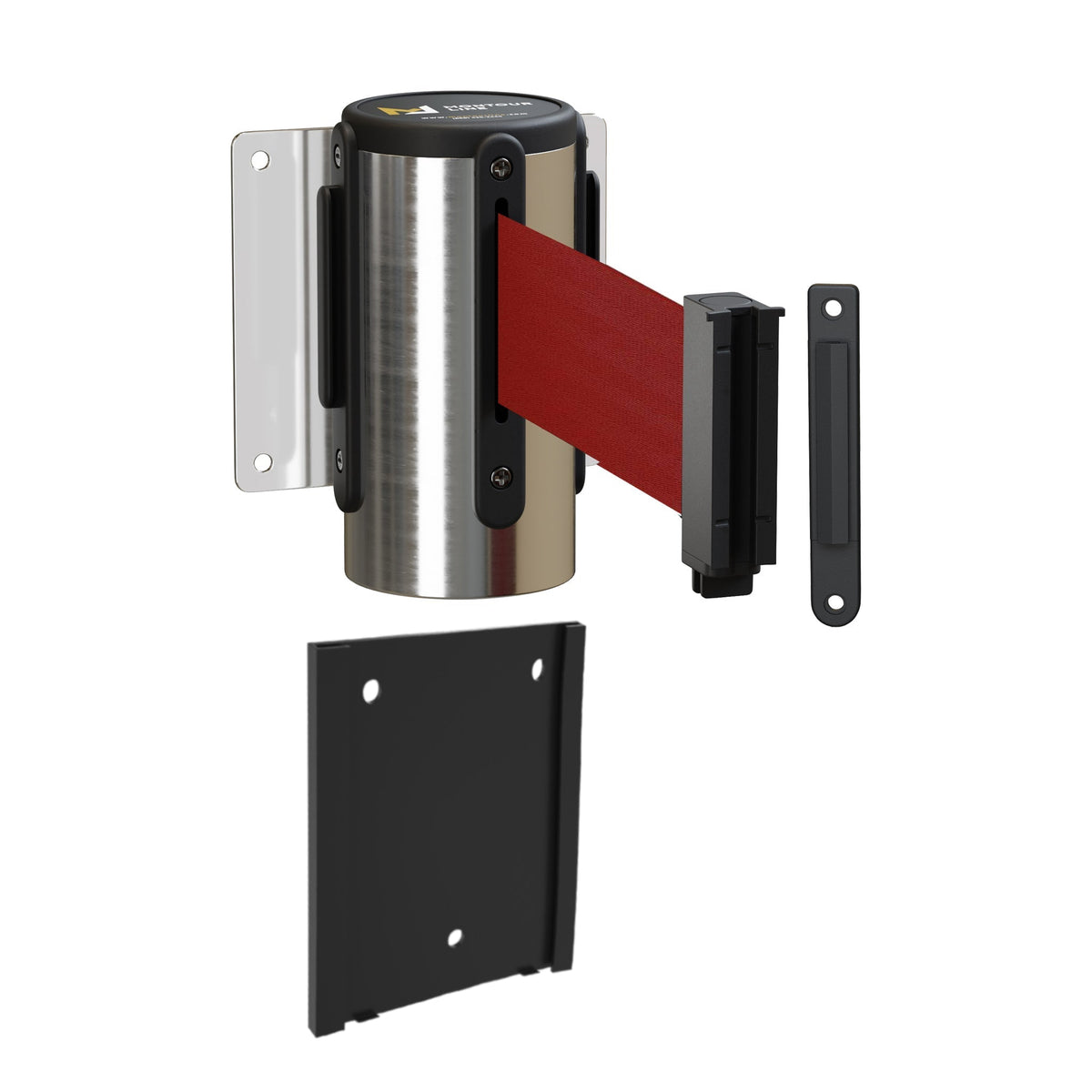 Retractable Belt Barrier Wall Mount with Removable Plate, Polished Stainless Steel Metal Case with Standard Belt End, 13 ft Belt - Montour Line WM115 - Crowd Control Warehouse