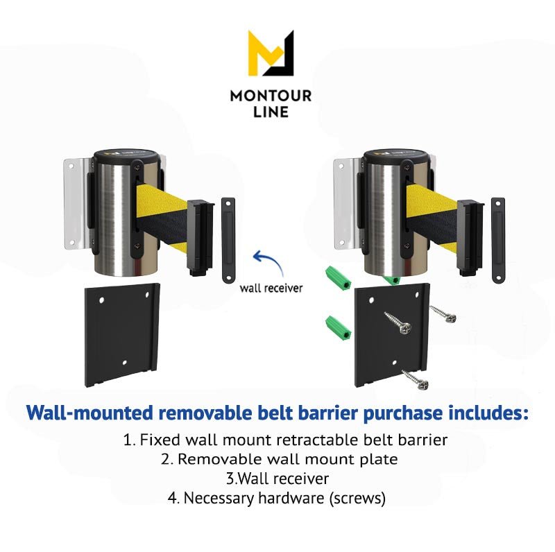 Retractable Belt Barrier Wall Mount with Removable Plate, Polished Stainless Steel Metal Case with Standard Belt End, 13 ft Belt - Montour Line WM115 - Crowd Control Warehouse