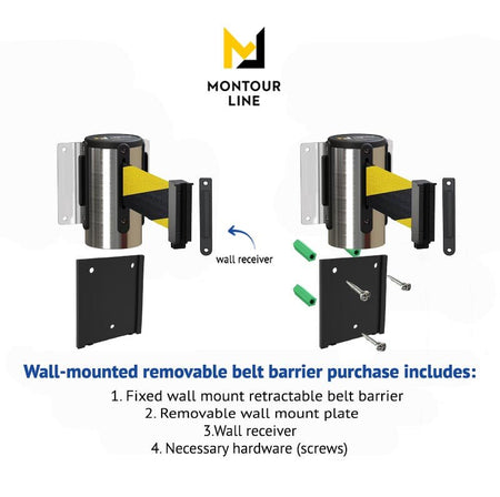 Retractable Belt Barrier Wall Mount with Removable Plate, Polished Stainless Steel Metal Case with Standard Belt End, 13 ft Belt - Montour Line WM115 - Crowd Control Warehouse