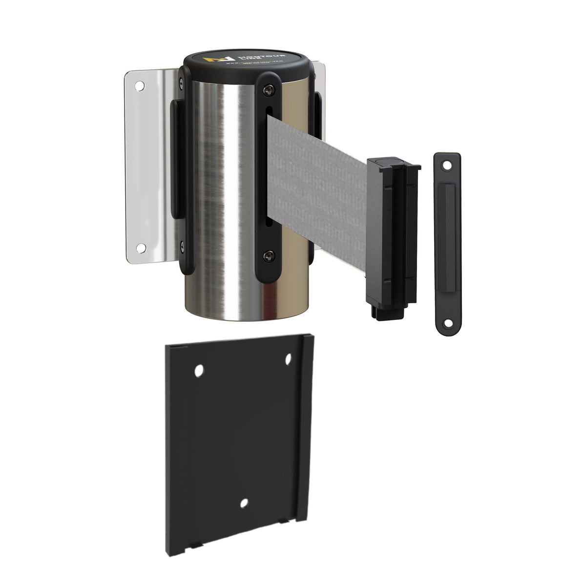 Retractable Belt Barrier Wall Mount with Removable Plate, Polished Stainless Steel Metal Case with Standard Belt End, 13 ft Belt - Montour Line WM115 - Crowd Control Warehouse