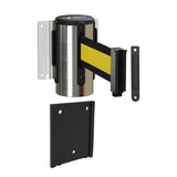 Retractable Belt Barrier Wall Mount with Removable Plate, Polished Stainless Steel Metal Case with Standard Belt End, 13 ft Belt - Montour Line WM115 - Crowd Control Warehouse