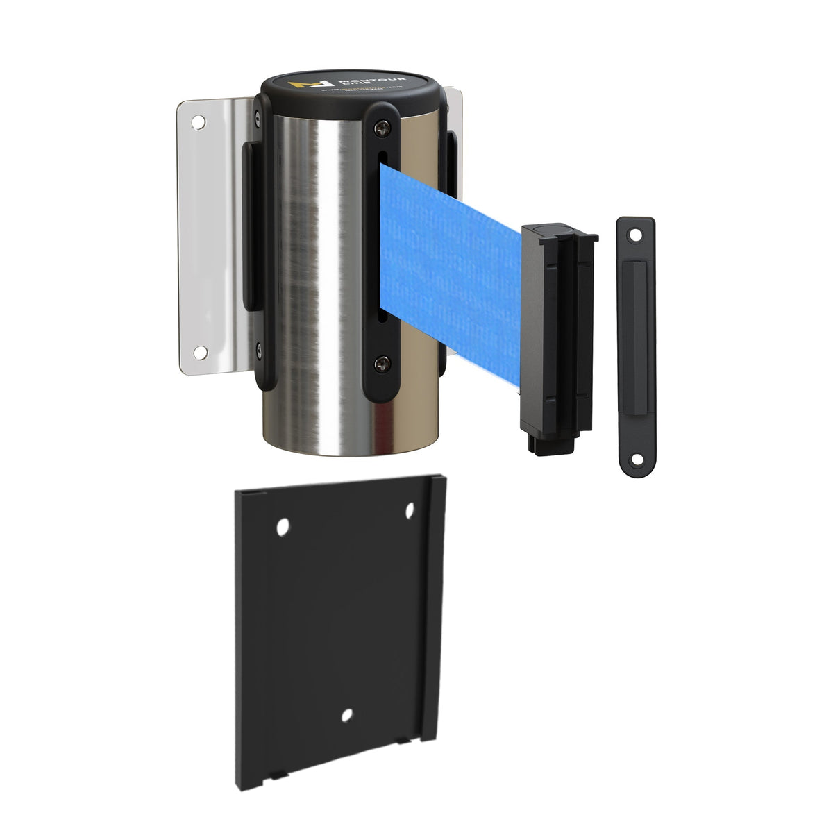 Retractable Belt Barrier Wall Mount with Removable Plate, Polished Stainless Steel Metal Case with Standard Belt End, 13 ft Belt - Montour Line WM115 - Crowd Control Warehouse