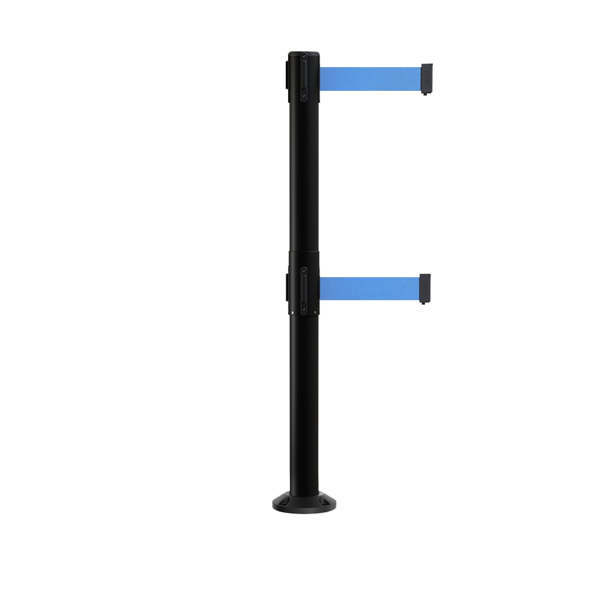 Retractable Dual Belt Barrier Safety Stanchion, Fixed Base, Black Post, 11 Ft. Belts - Montour Line MX630DF - Crowd Control Warehouse