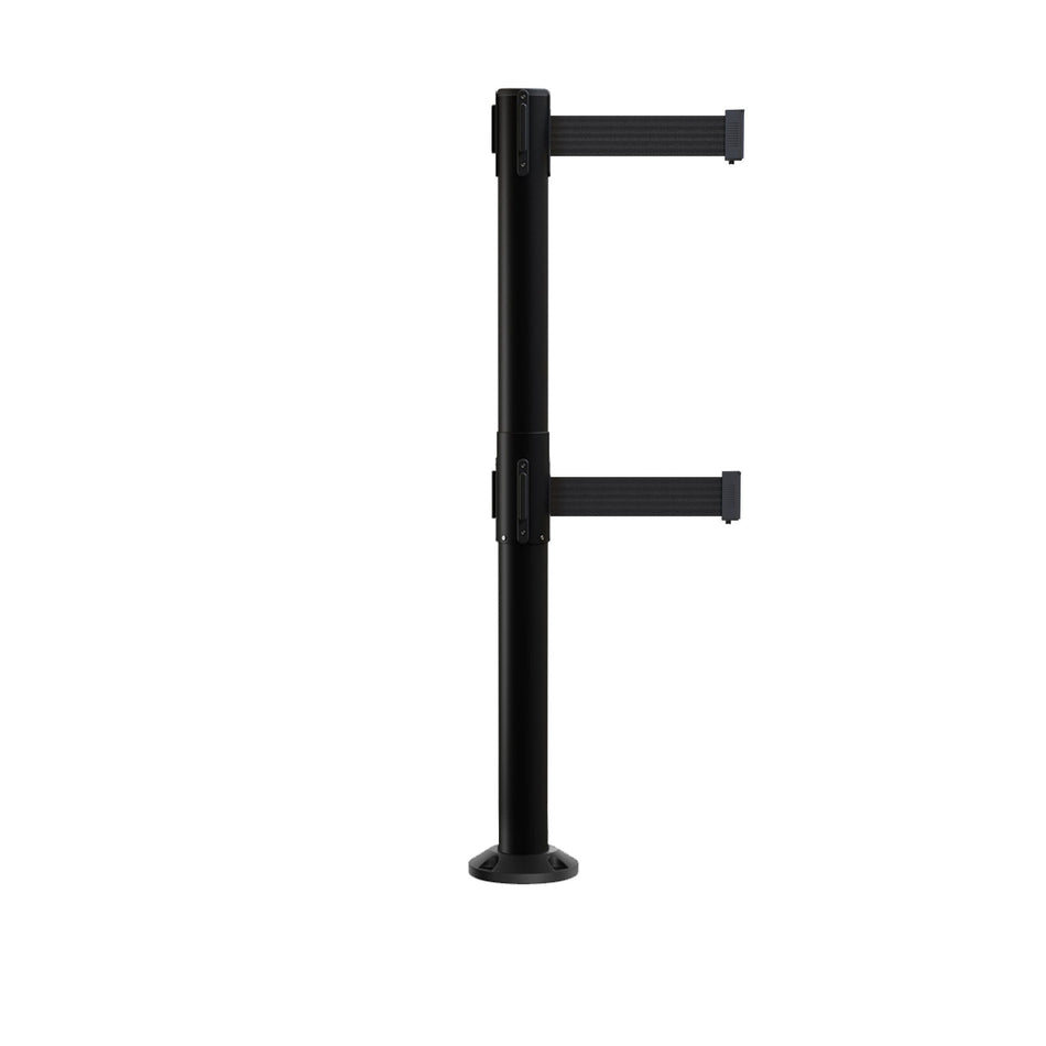 Retractable Dual Belt Barrier Safety Stanchion, Fixed Base, Black Post, 9 Ft. Belts - Montour Line MX630DF - Crowd Control Warehouse