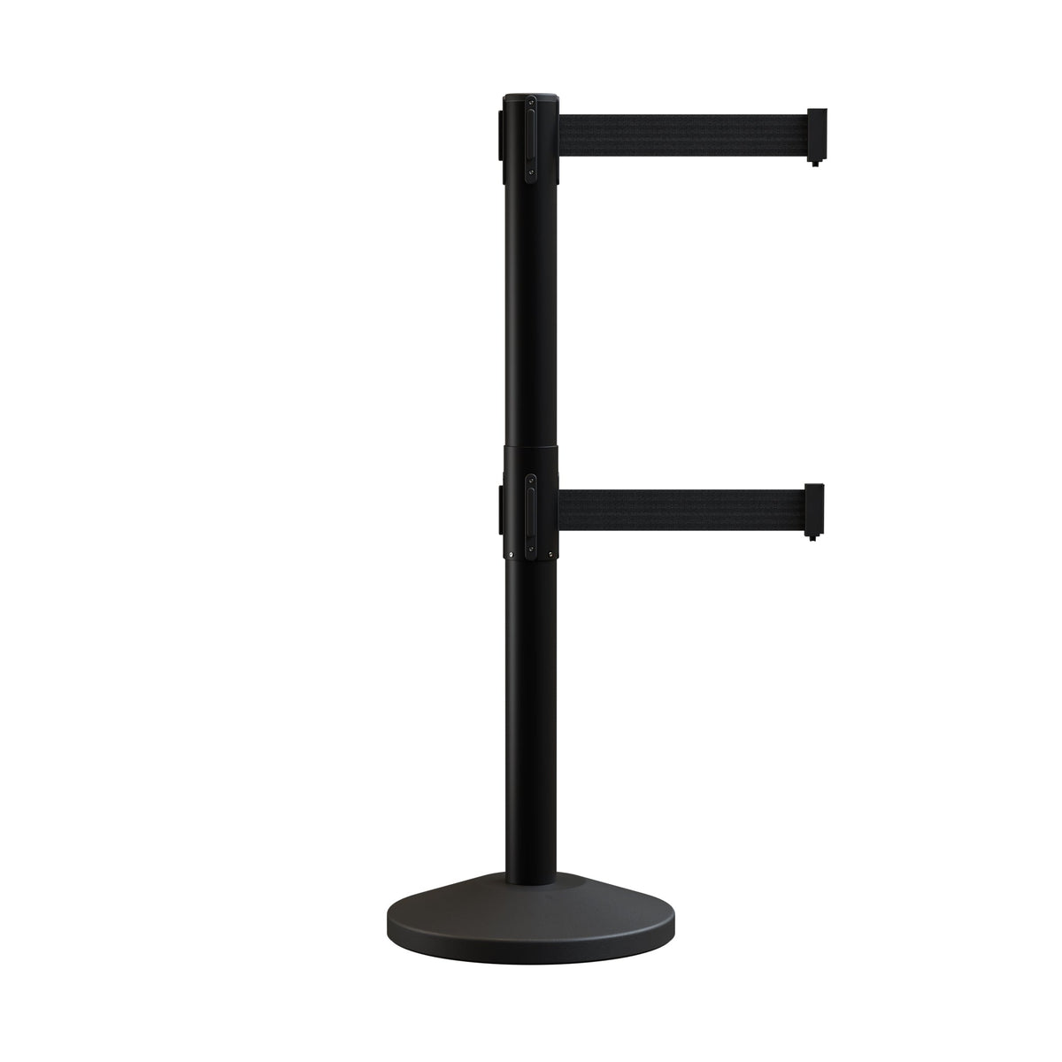 Retractable Dual Belt Barrier Stanchion, Black Post, 9 Ft. Belt - Montour Line MLine 630D - Crowd Control Warehouse