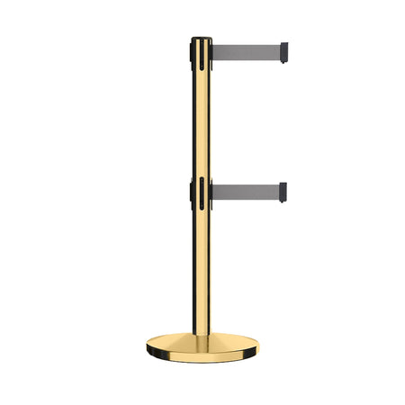 Retractable Dual Belt Barrier Stanchion, Cast Iron Base, Polished Brass Post, 11 ft Belt - Montour Line MI630D - Crowd Control Warehouse
