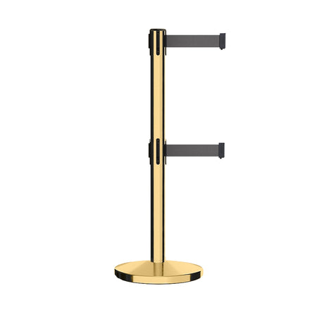 Retractable Dual Belt Barrier Stanchion, Cast Iron Base, Polished Brass Post, 11 ft Belt - Montour Line MI630D - Crowd Control Warehouse