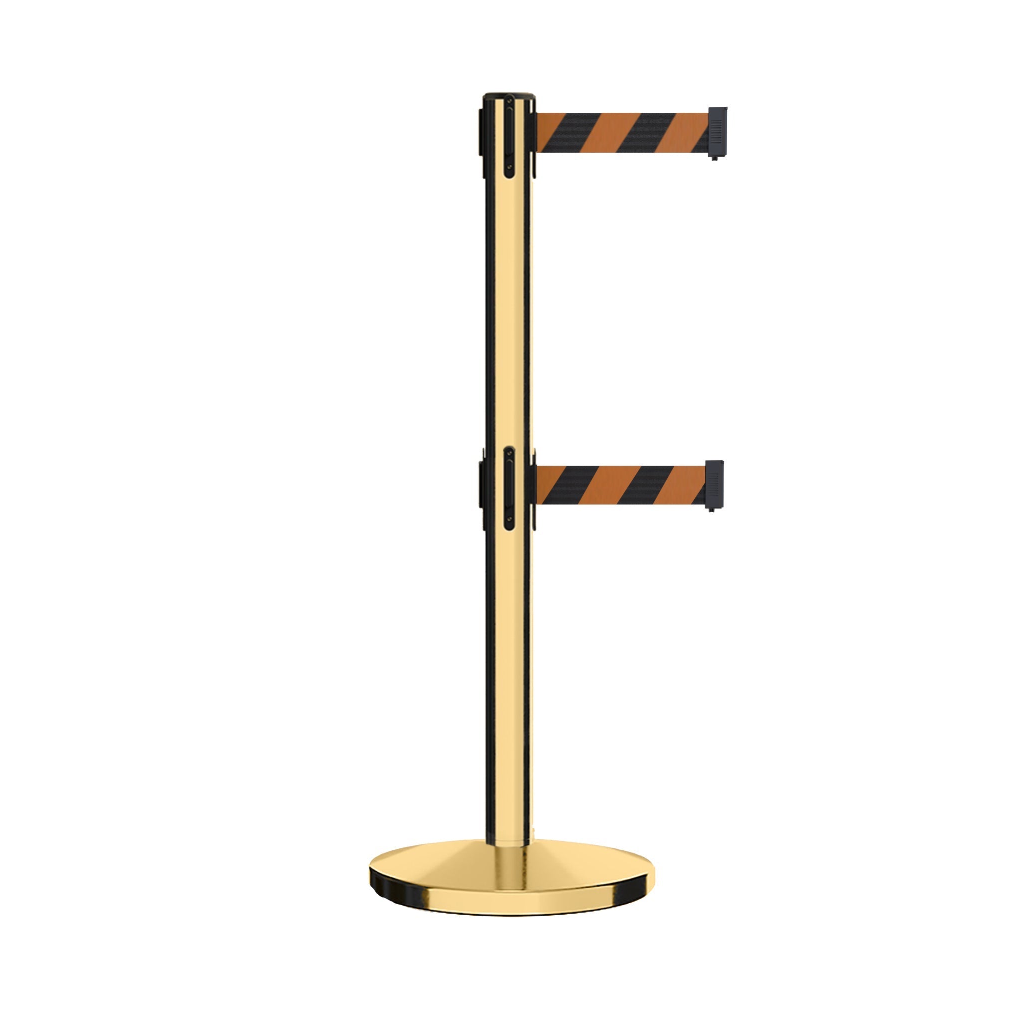 Retractable Dual Belt Barrier Stanchion, Cast Iron Base, Polished Brass Post, 11 ft Belt - Montour Line MI630D - Crowd Control Warehouse