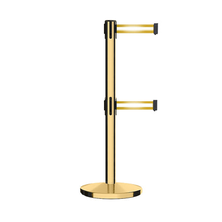 Retractable Dual Belt Barrier Stanchion, Cast Iron Base, Polished Brass Post, 11 ft Belt - Montour Line MI630D - Crowd Control Warehouse