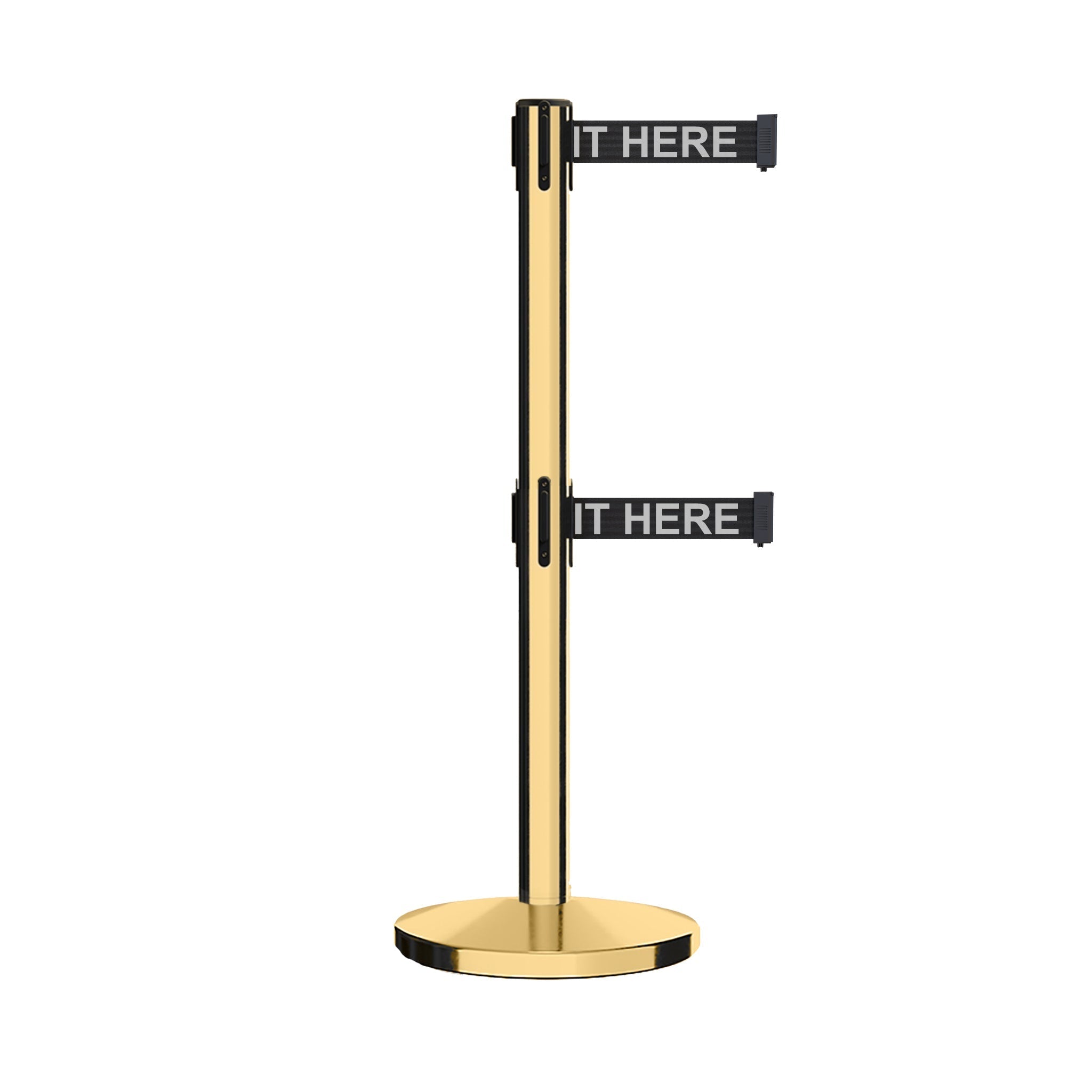 Retractable Dual Belt Barrier Stanchion, Cast Iron Base, Polished Brass Post, 11 ft Belt - Montour Line MI630D - Crowd Control Warehouse