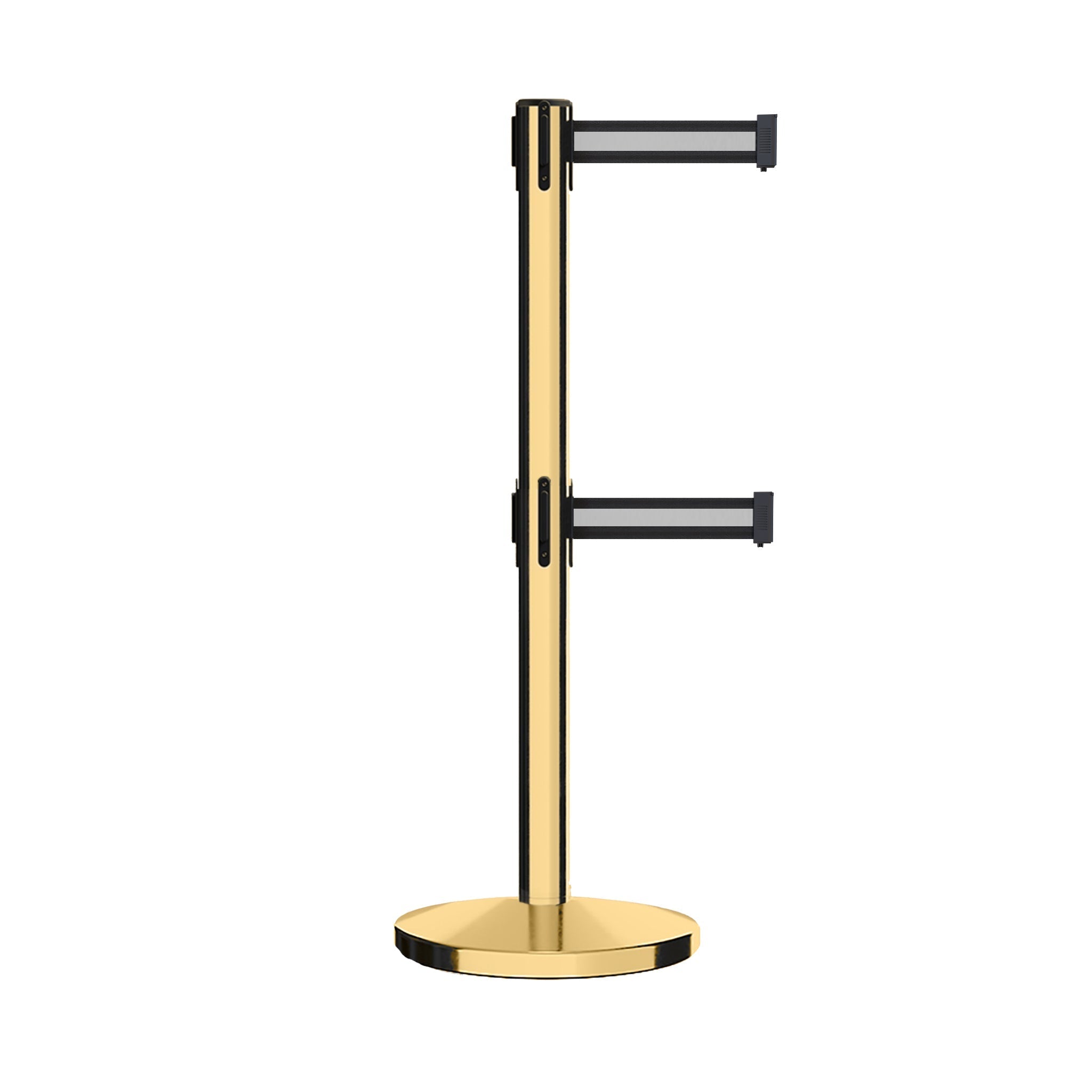 Retractable Dual Belt Barrier Stanchion, Cast Iron Base, Polished Brass Post, 11 ft Belt - Montour Line MI630D - Crowd Control Warehouse