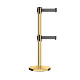 Retractable Dual Belt Barrier Stanchion, Cast Iron Base, Polished Brass Post, 7.5 ft Belt - Montour Line MI630D - Crowd Control Warehouse
