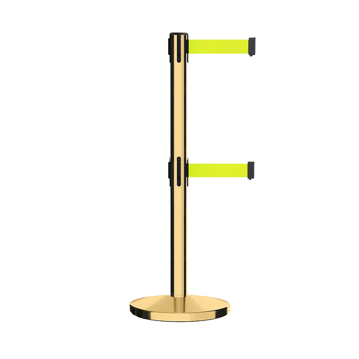 Retractable Dual Belt Barrier Stanchion, Cast Iron Base, Polished Brass Post, 7.5 ft Belt - Montour Line MI630D - Crowd Control Warehouse