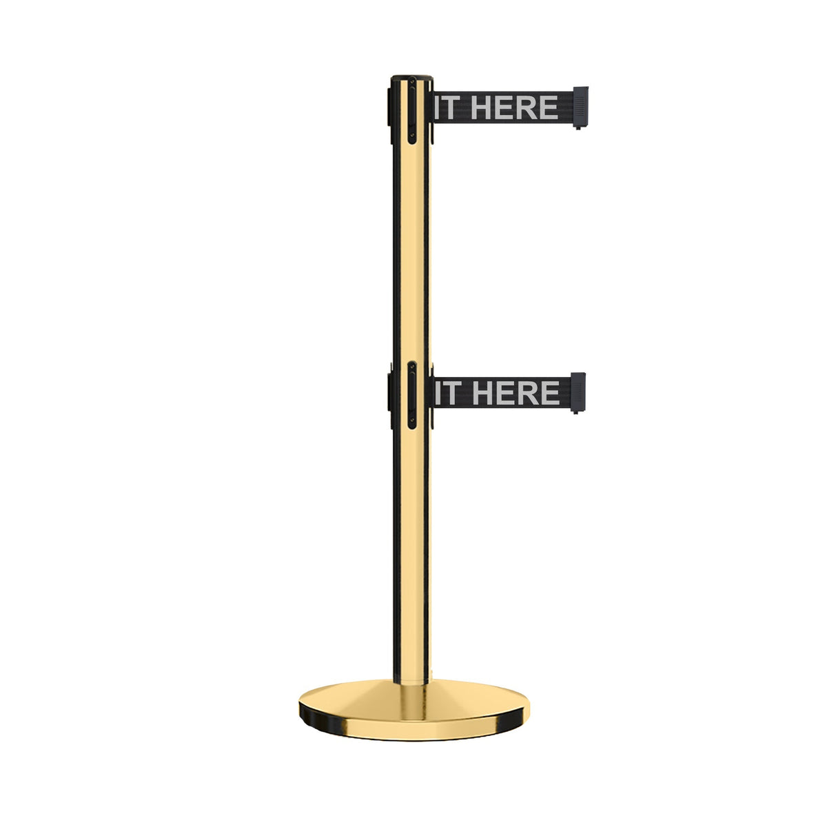 Retractable Dual Belt Barrier Stanchion, Cast Iron Base, Polished Brass Post, 7.5 ft Belt - Montour Line MI630D - Crowd Control Warehouse
