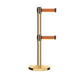 Retractable Dual Belt Barrier Stanchion, Cast Iron Base, Polished Brass Post, 7.5 ft Belt - Montour Line MI630D - Crowd Control Warehouse
