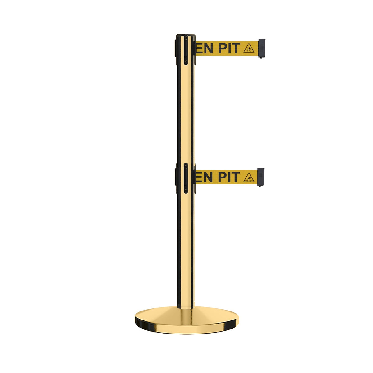 Retractable Dual Belt Barrier Stanchion, Cast Iron Base, Polished Brass Post, 9 ft Belt - Montour Line MI630D - Crowd Control Warehouse