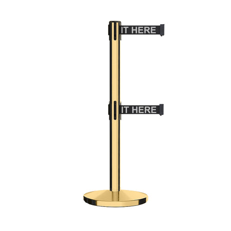 Retractable Dual Belt Barrier Stanchion, Cast Iron Base, Polished Brass Post, 9 ft Belt - Montour Line MI630D - Crowd Control Warehouse