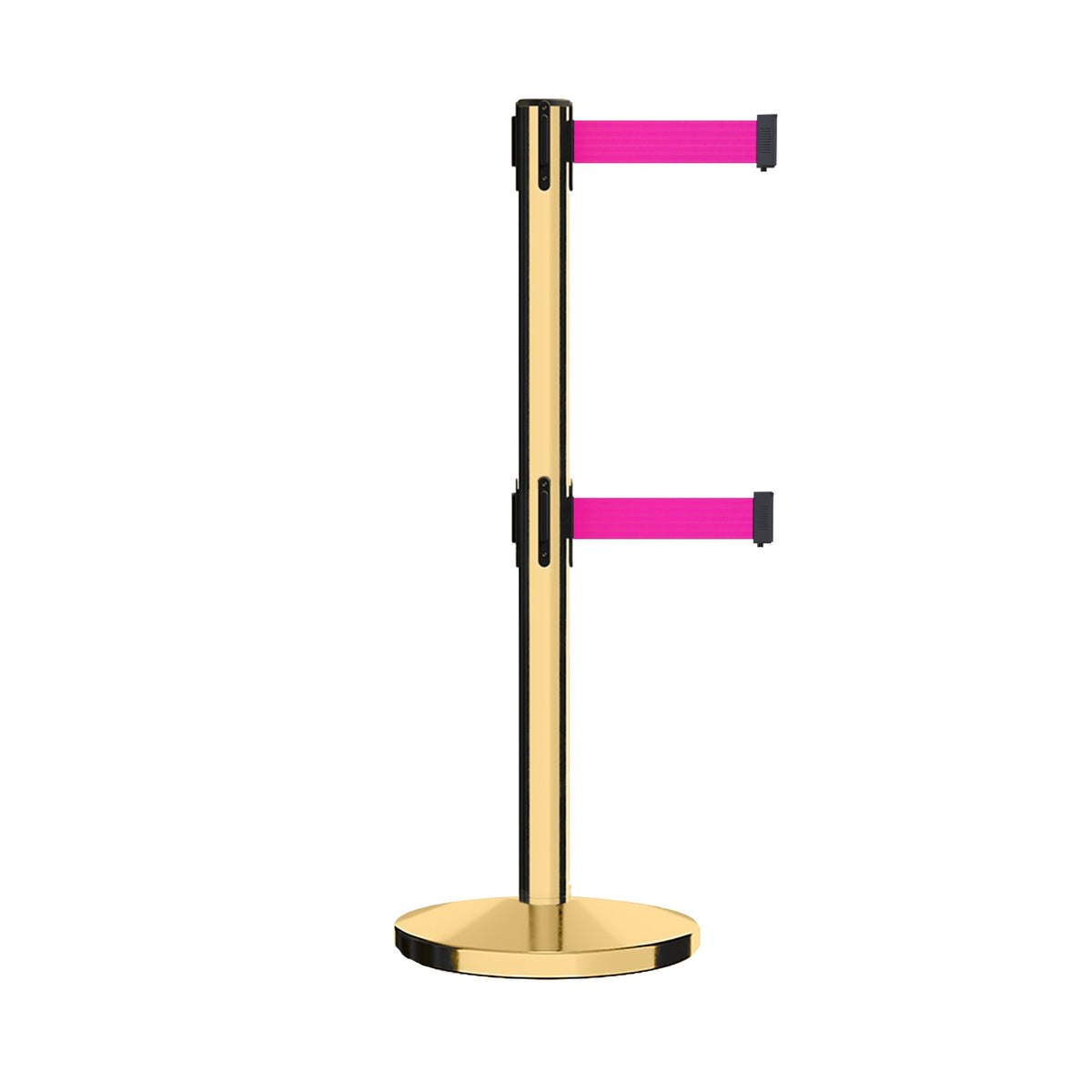 Retractable Dual Belt Barrier Stanchion, Cast Iron Base, Polished Brass Post, 9 ft Belt - Montour Line MI630D - Crowd Control Warehouse