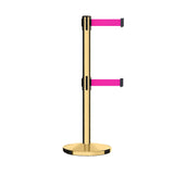 Retractable Dual Belt Barrier Stanchion, Cast Iron Base, Polished Brass Post, 9 ft Belt - Montour Line MI630D - Crowd Control Warehouse