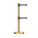 Retractable Dual Belt Barrier Stanchion, Cast Iron Base, Polished Brass Post, 9 ft Belt - Montour Line MI630D - Crowd Control Warehouse